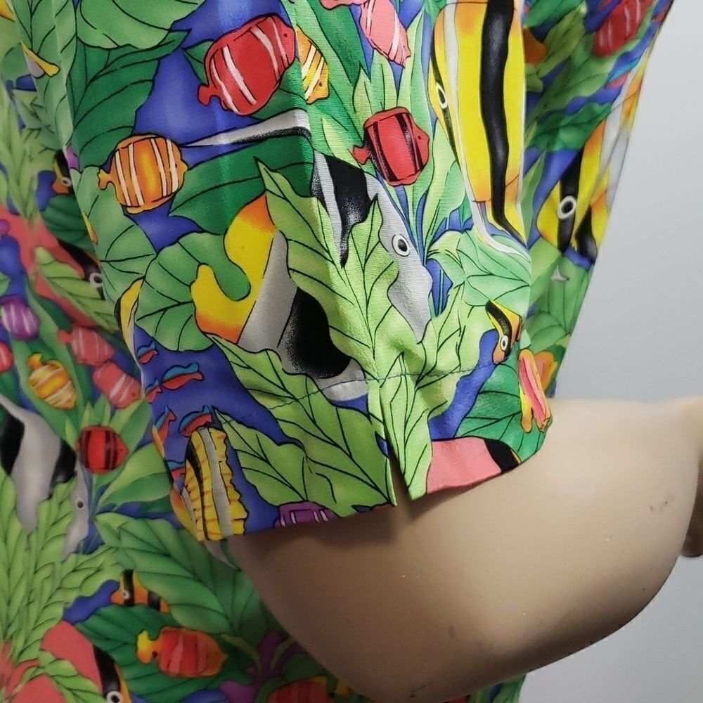 Vintage 90s Ann May 100% Silk Blouse Bright Vibrant Colors Tropical Fish Women L - Picture 4 of 10